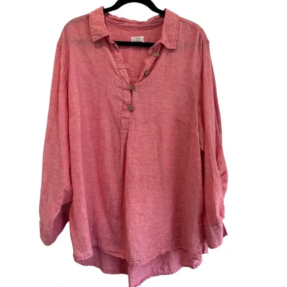 Sigrid Olsen Womens 2X Pink 100% Linen Roll Tab Sleeve Henley Tunic Top Blouse - Picture 1 of 6